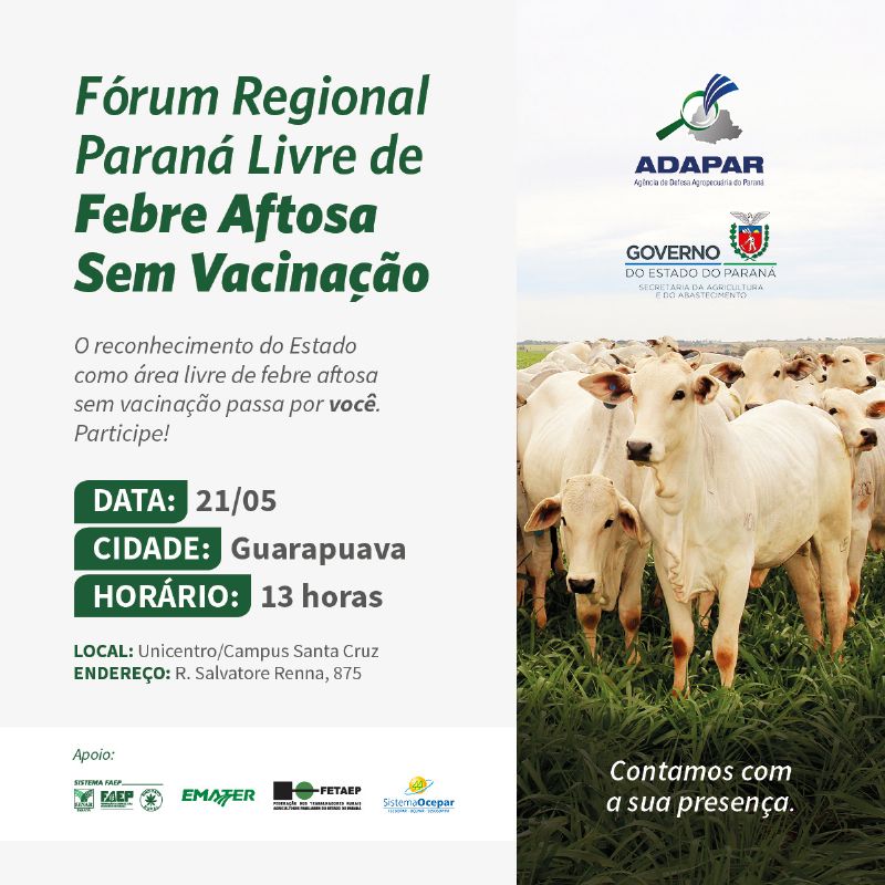 É HOJE: Fórum Regional Paraná Livre de Febre Aftosa Sem Vacinação é realizado na Unicentro, a partir das 13h